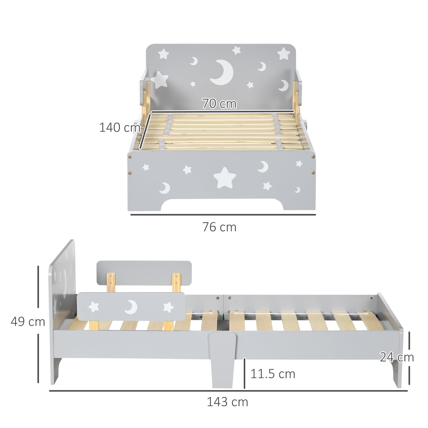 ZONEKIZ Kids Toddler Bed with Star & Moon Patterns, Safety Side Rails Slats, Kids Bedroom Furniture for 3-6 Years Old, Grey, 143 x 76 x 49 cm