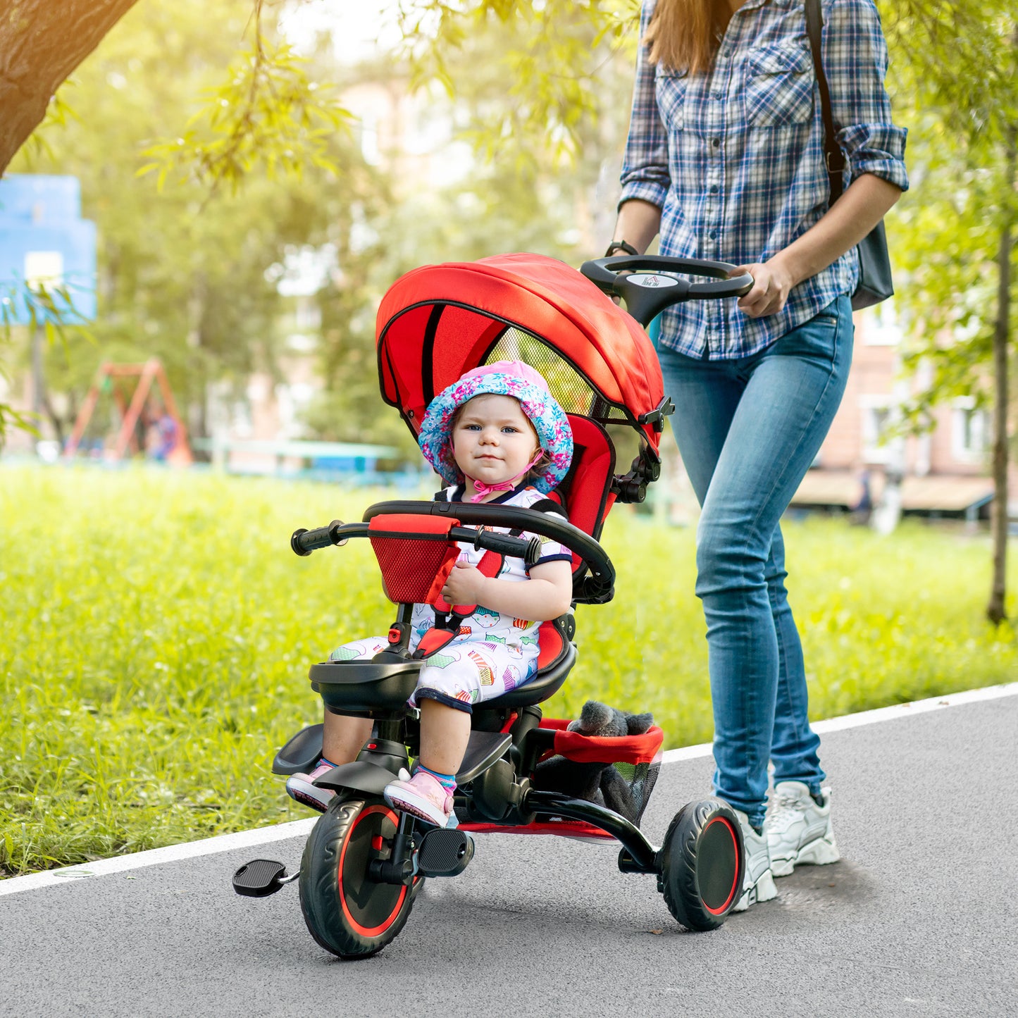 7-in-1 Tricycle for Kids, Baby Trike with Rotatable Seat, Adjustable Push Handle, Safety Harness Detachable Canopy Semi-reclining Footrest Red