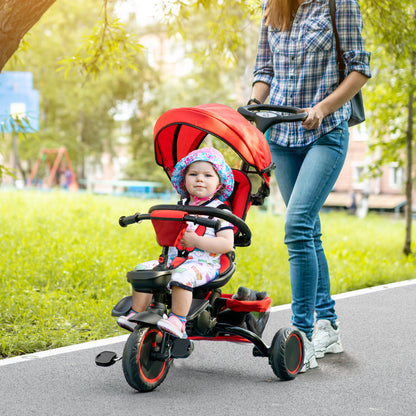 7-in-1 Tricycle for Kids, Baby Trike with Rotatable Seat, Adjustable Push Handle, Safety Harness Detachable Canopy Semi-reclining Footrest Red