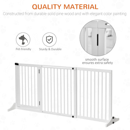 PawHut Adjustable Wooden Pet Baby Gate Freestanding Dog Barrier Fence Doorway 3 Panels Safety Gate w/ Lockable Door White 71H x 113-166W cm