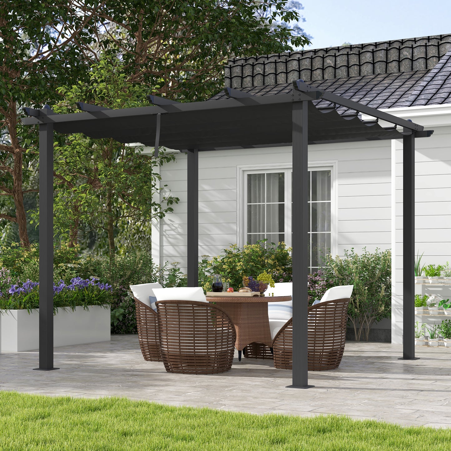 Outsunny 3 x 3(m) Aluminium Pergola with Retractable Roof, Garden Gazebo Canopy Sun Shade Shelter for Grill, Patio, Deck