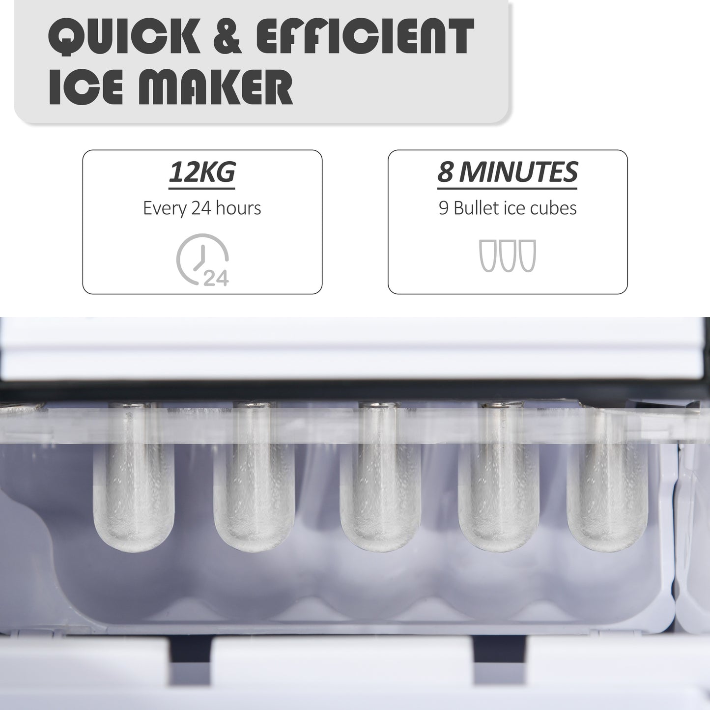 Ice Maker Countertop Portable Bullet Ice Cube Machine 12kg/24H Production Automatic Cleaning Visible Window Scoop and Basket Black by HOMCOM