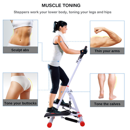 Foldable Stepper with Handle Hand Grip Workout Fitness Machine Sport Exercise Gym Bar Cardio Steel-White/Red Spinning