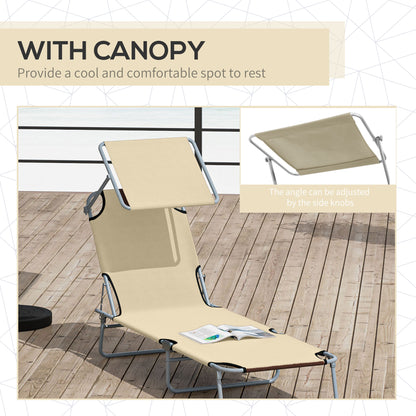 Outsunny Camping Reclining Chair Sun Lounger Folding Lounger Seat with Sun Shade Awning Beach Garden Outdoor Patio Recliner Adjustable (Beige)