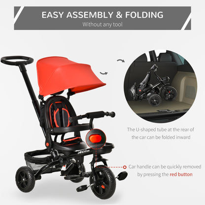 4 in 1 Tricycle 3 Wheels Pushchair Toddler Stroller Foldable Pedal Trike w/ Reversible Angle Adjustable Seat for 1-5 Years, Red