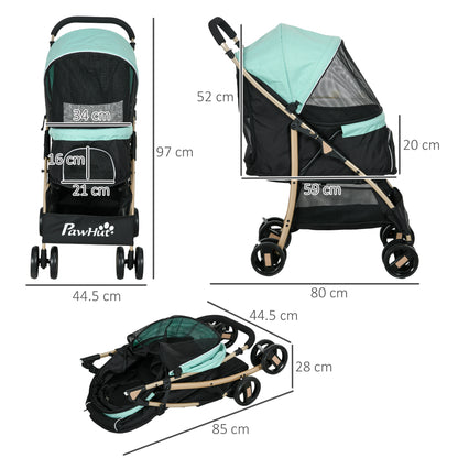 PawHut Oxford Pet Stroller for Small Minature Dogs with Rain Cover Green