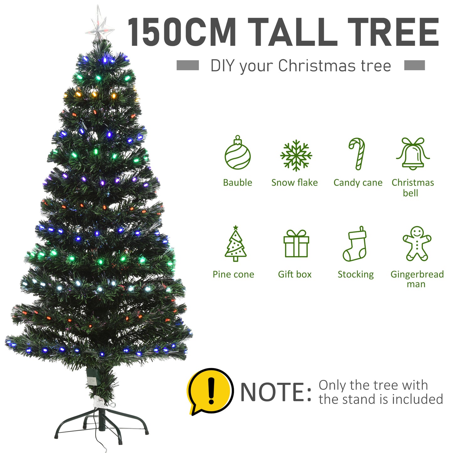 5ft Pre-Lit Fibre Optic Christmas Tree With Star Tree Topper, Solid Metal Base, 170 Branch Tips, 6 Colour LED Lights Home Decoration - Green