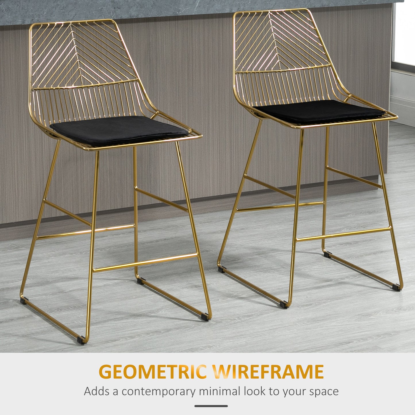 Retro Vintage Style Set of 2 Bar Stools Counter Height Wire Metal Bar chairs for Kitchen, Bar Counter, Gold