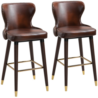 Retro Look Bar Stools Set of 2, PU Leather Vintage Counter-Height Bar Chair, Luxury European Style Kitchen Stools with Back, Brown