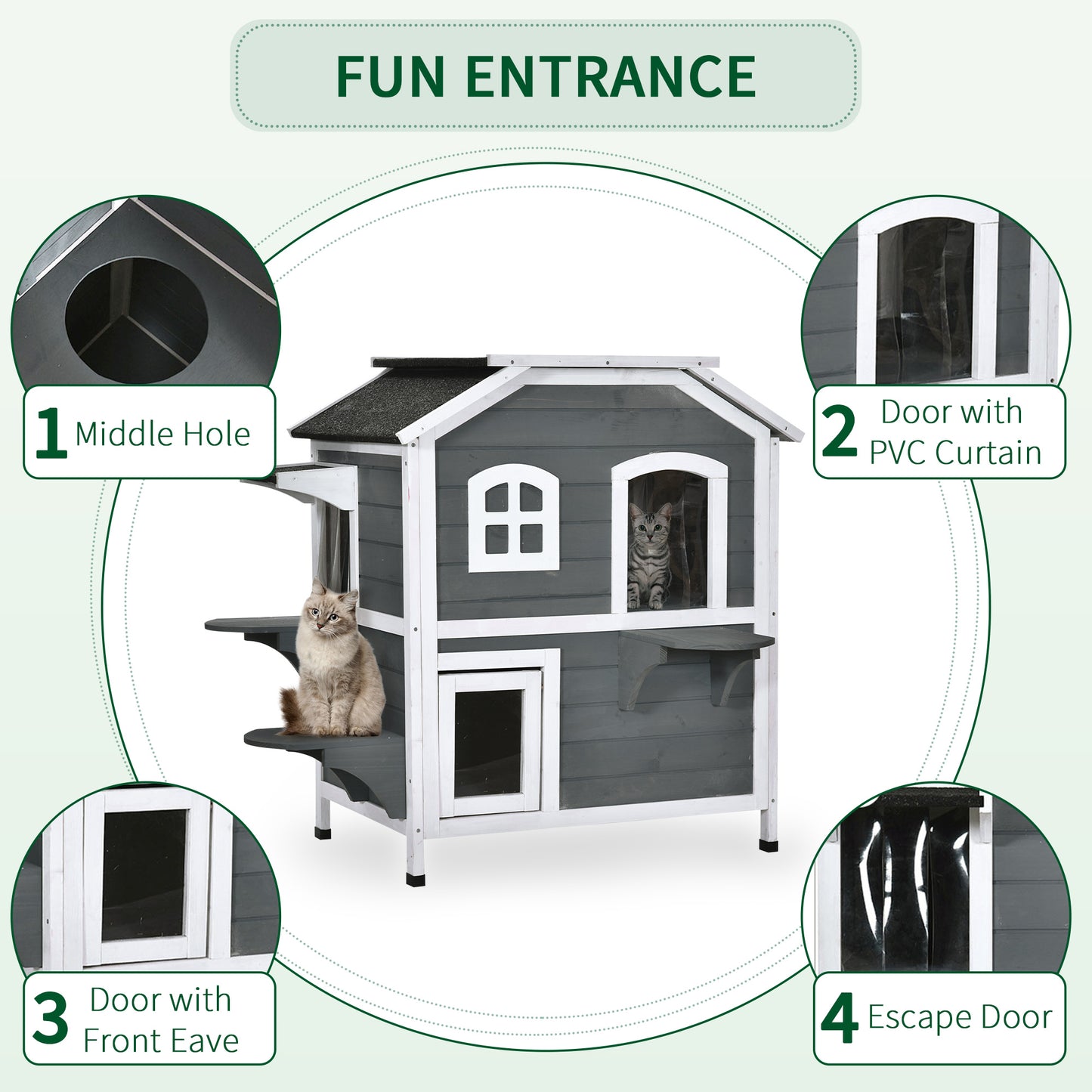 PawHut Solid Wood Cat Condos Pet House Water Proof Outdoor 2-Floor Villa, Grey