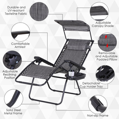 Outsunny Zero Gravity Garden Deck Folding Chair Patio Sun Lounger Reclining Seat with Cup Holder & Canopy Shade - Grey