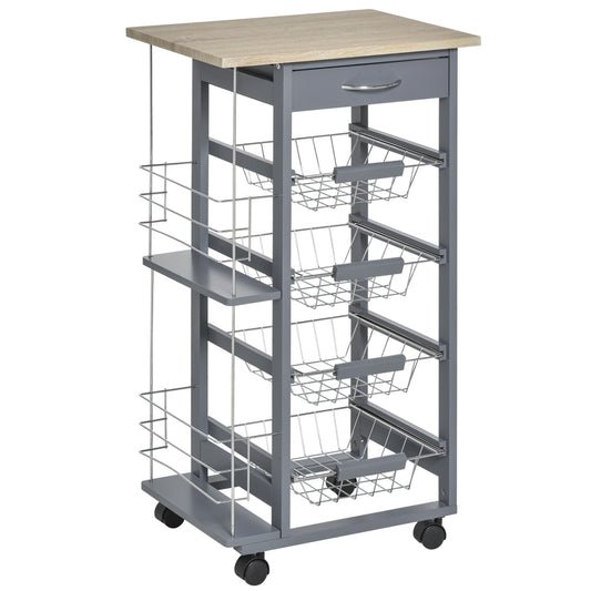 Kitchen Trolley, Multi-Use Kitchen Island w/ 4 Baskets 2 Side Racks 4 Wheels Food Storage Smooth Rolling Compact Furniture Dark Grey