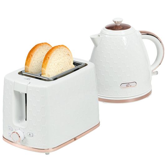 1.7L 3000W Fast Boil Kettle & 2 Slice Toaster Set, Kettle and Toaster Set with Auto Shut Off, Browning Controls, White