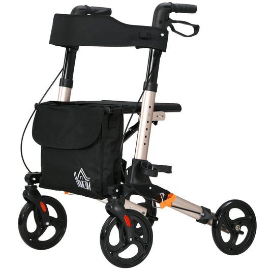 4 Wheel Rollator, Seat And Back, Folding With Carry Bag Adjustable Height Dual Brakes Aluminium Frame - Gold Tone