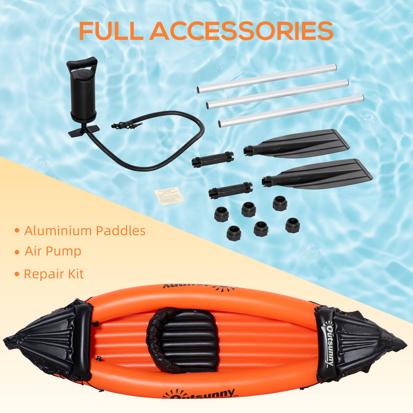 Outsunny Inflatable Kayak, 1-Person Inflatable Boat, Inflatable Canoe Set With Air Pump, Aluminum Oar, Orange, 270x93x50cm