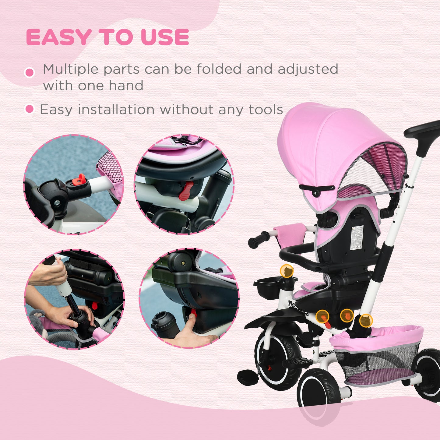 7-in-1 Tricycle for Kids, Baby Trike with Rotatable Seat, Adjustable Push Handle Safety Harness Detachable Canopy Semi-reclining Footrest Pink