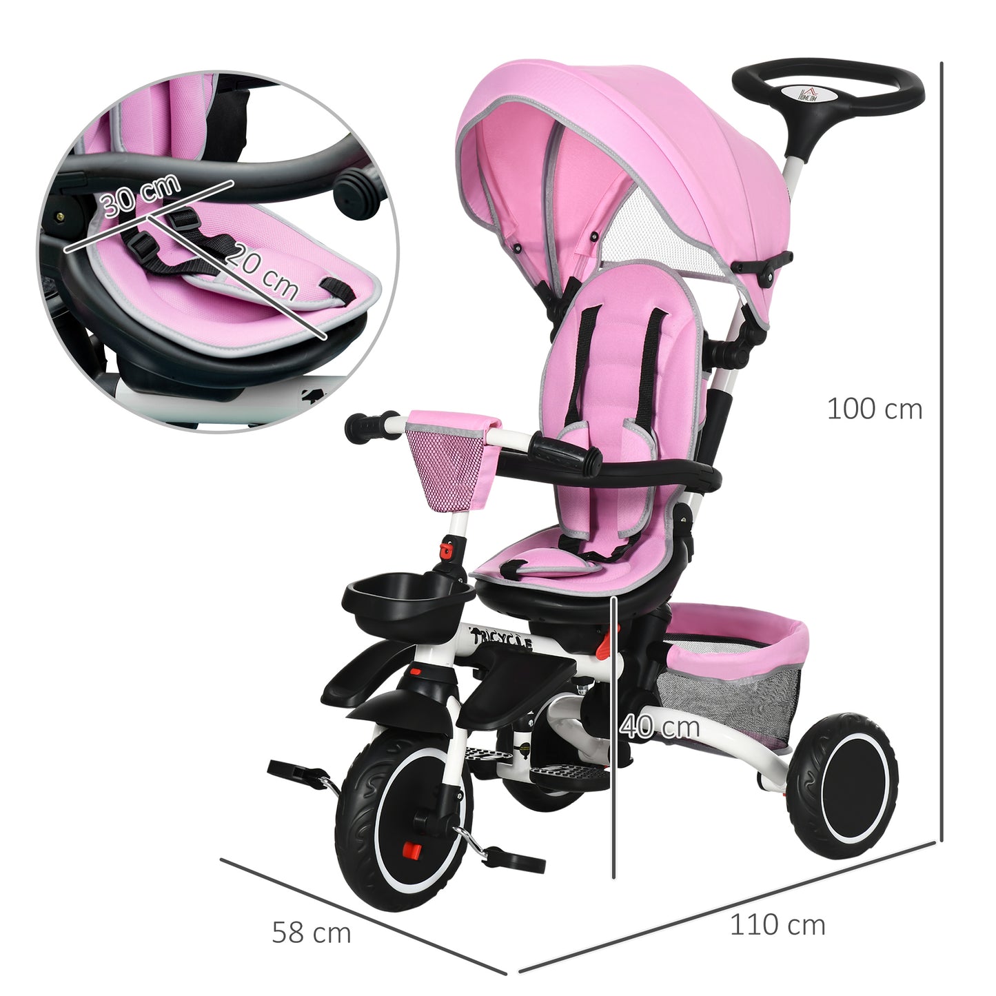 7-in-1 Tricycle for Kids, Baby Trike with Rotatable Seat, Adjustable Push Handle Safety Harness Detachable Canopy Semi-reclining Footrest Pink