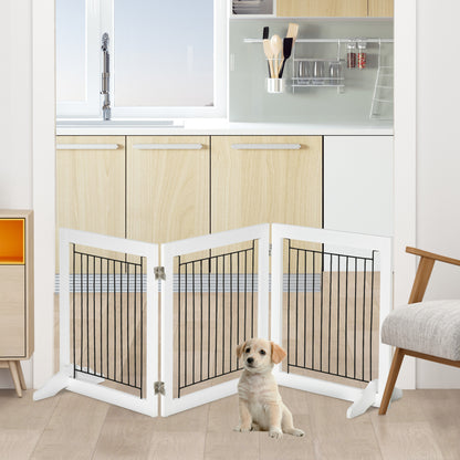 PawHut Dog Gate, Freestanding Pet Gate, Wooden Puppy Fence Foldable Design with 61 cm Height 3 Panels, 2 Support Feet, for House Doorway Stairs White