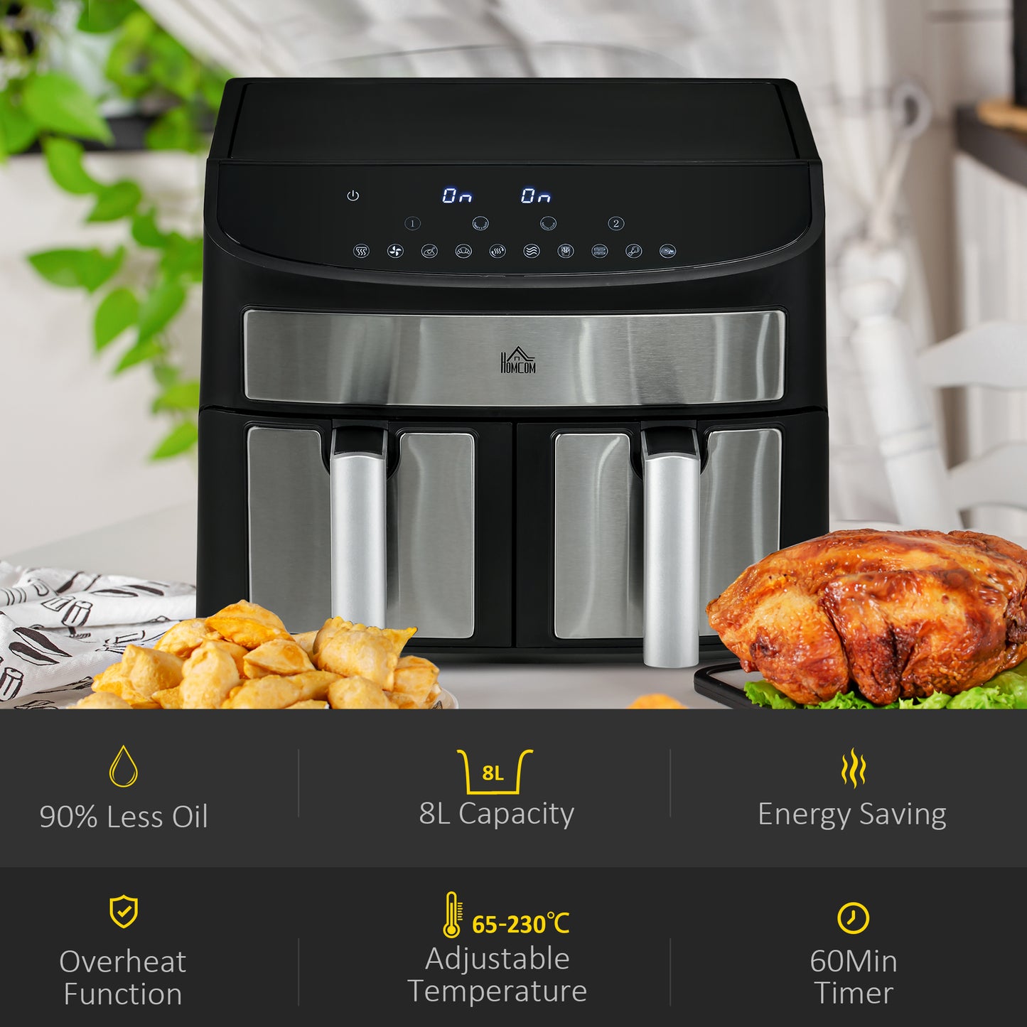 Dual Zone Air Fryer, 10-in-1 8L with Sync Cook & Sync Finish, 60-Minute Timer for Oil Free & Low Fat Cooking, 2400W