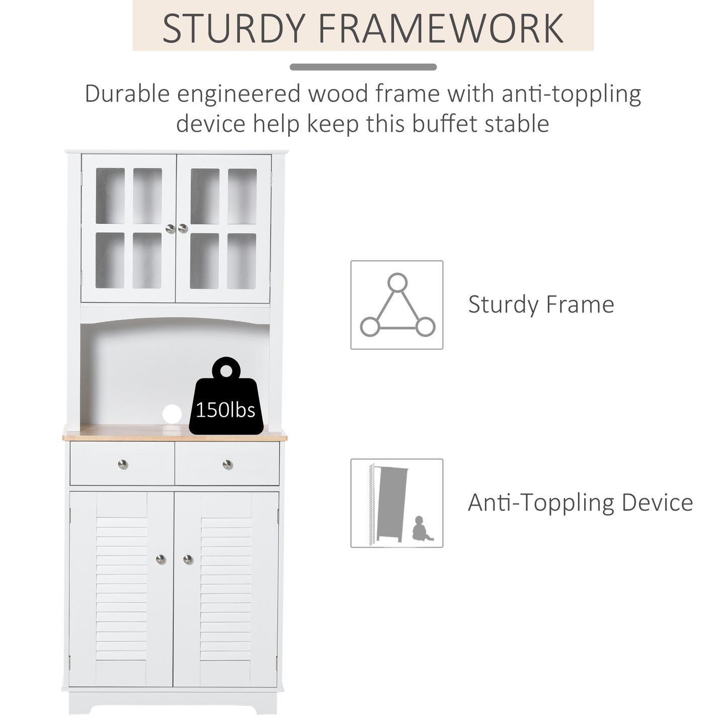 Modern Kitchen Cupboard, Louvered Kitchen Storage Cabinet with Framed Glass Doors and 2 Drawers, White