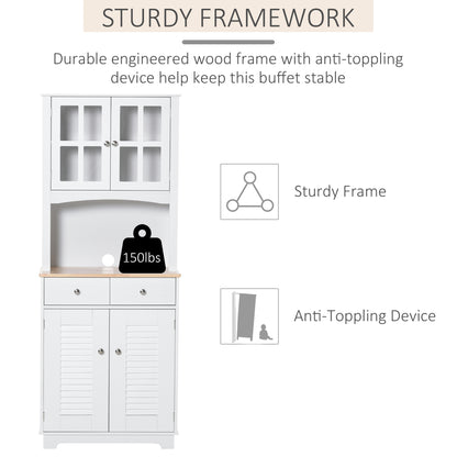 Modern Kitchen Cupboard, Louvered Kitchen Storage Cabinet with Framed Glass Doors and 2 Drawers, White