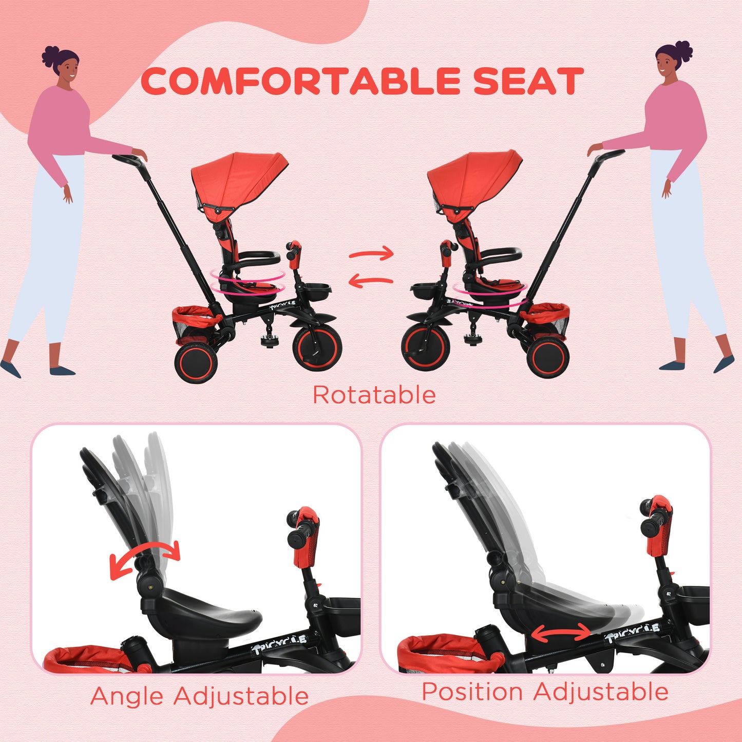 7-in-1 Tricycle for Kids, Baby Trike with Rotatable Seat, Adjustable Push Handle, Safety Harness Detachable Canopy Semi-reclining Footrest Red