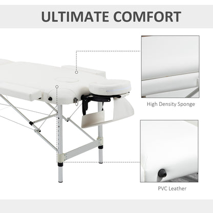 Folding PVC Leather Massage Table Aluminium Frame w/ Headrest Armrests Padding Handle Carry Bag Adjustable Height 3-Way Tri-Fold White