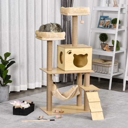 PawHut Cat Tree, 130cm Cat Tree for Indoor, Multi-Level Plush Cat Climbing Tower w/ Scratching Posts, Perches, Cat Condo, Ball for Large Cat, Yellow