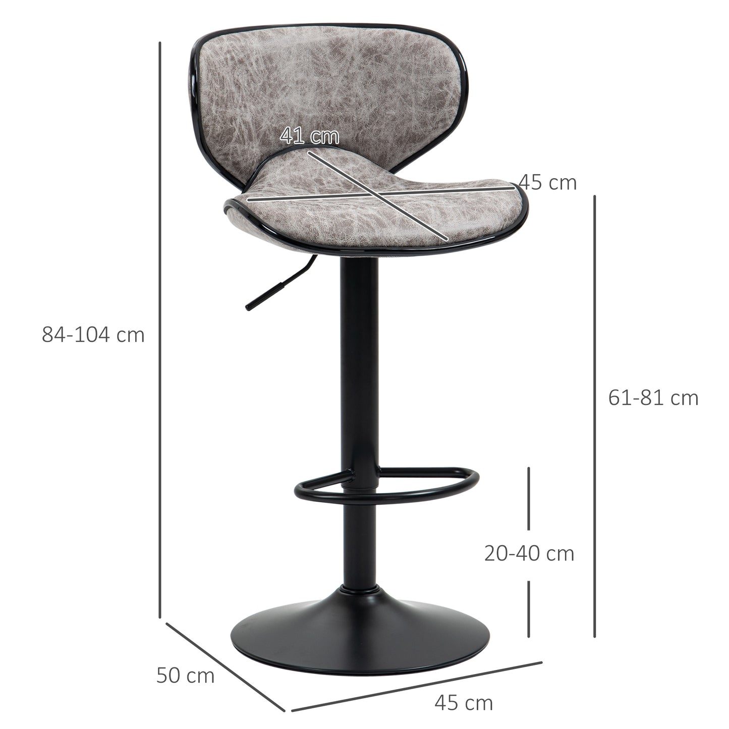 Bar Stool Set of 2 Microfibre Cloth Adjustable Height Armless Chairs with Swivel Seat, Grey