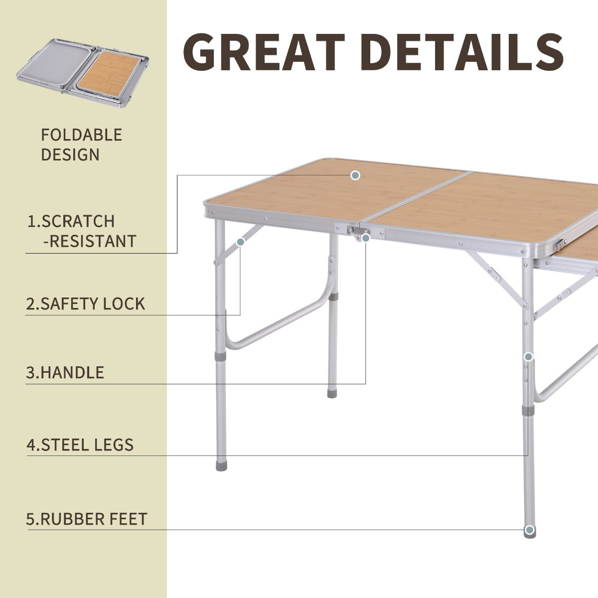 Outsunny Aluminium Pincic Table MDF-Top 3ft Folding Portable Outdoor Table Silver