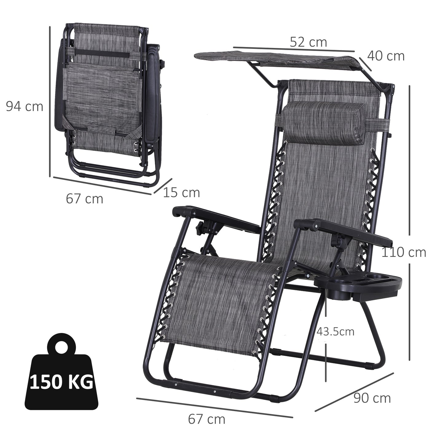 Outsunny Zero Gravity Garden Deck Folding Chair Patio Sun Lounger Reclining Seat with Cup Holder & Canopy Shade - Grey