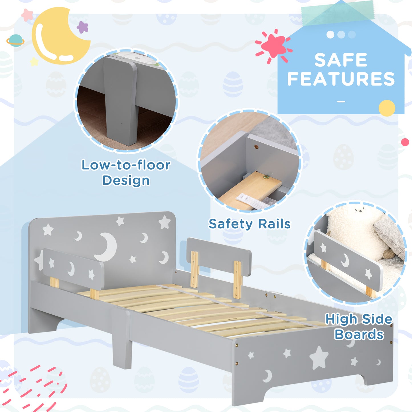 ZONEKIZ Kids Toddler Bed with Star & Moon Patterns, Safety Side Rails Slats, Kids Bedroom Furniture for 3-6 Years Old, Grey, 143 x 76 x 49 cm