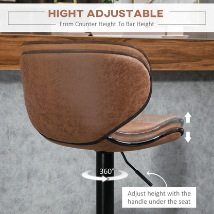 Bar Stool Set of 2 Microfibre Cloth Adjustable Height Armless Chairs with Swivel Seat, Brown