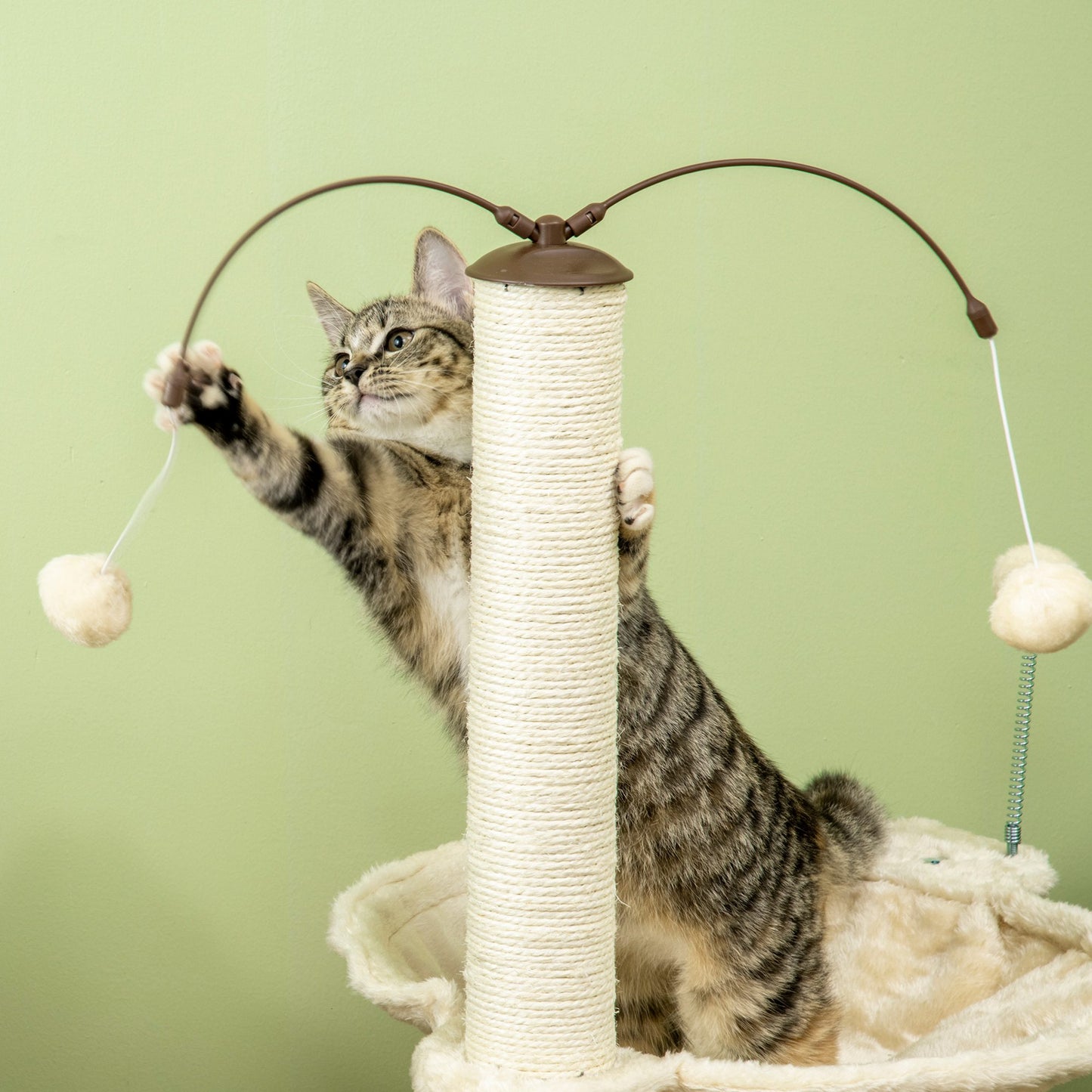 PawHut Cat Tree for Indoor Cats Kitten Play Tower with Sisal Scratching Posts Hammock Ball Toy, Beige, 53.5x53.5x90 cm