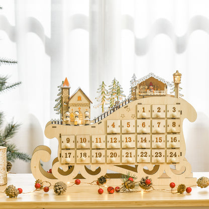 Reusable Christmas Advent Calendar, Light Up Table Wooden Sled Decoration W/ Countdown Drawer, Village, Natural Wood Colour