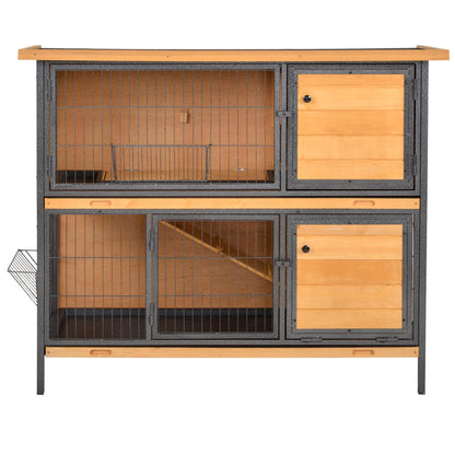 PawHut 2-Floor Wooden Rabbit Hutch Bunny Cage Metal Frame Pet House with Slide-Out Tray Feeding Trough Ramp Lockable Door Openable Roof