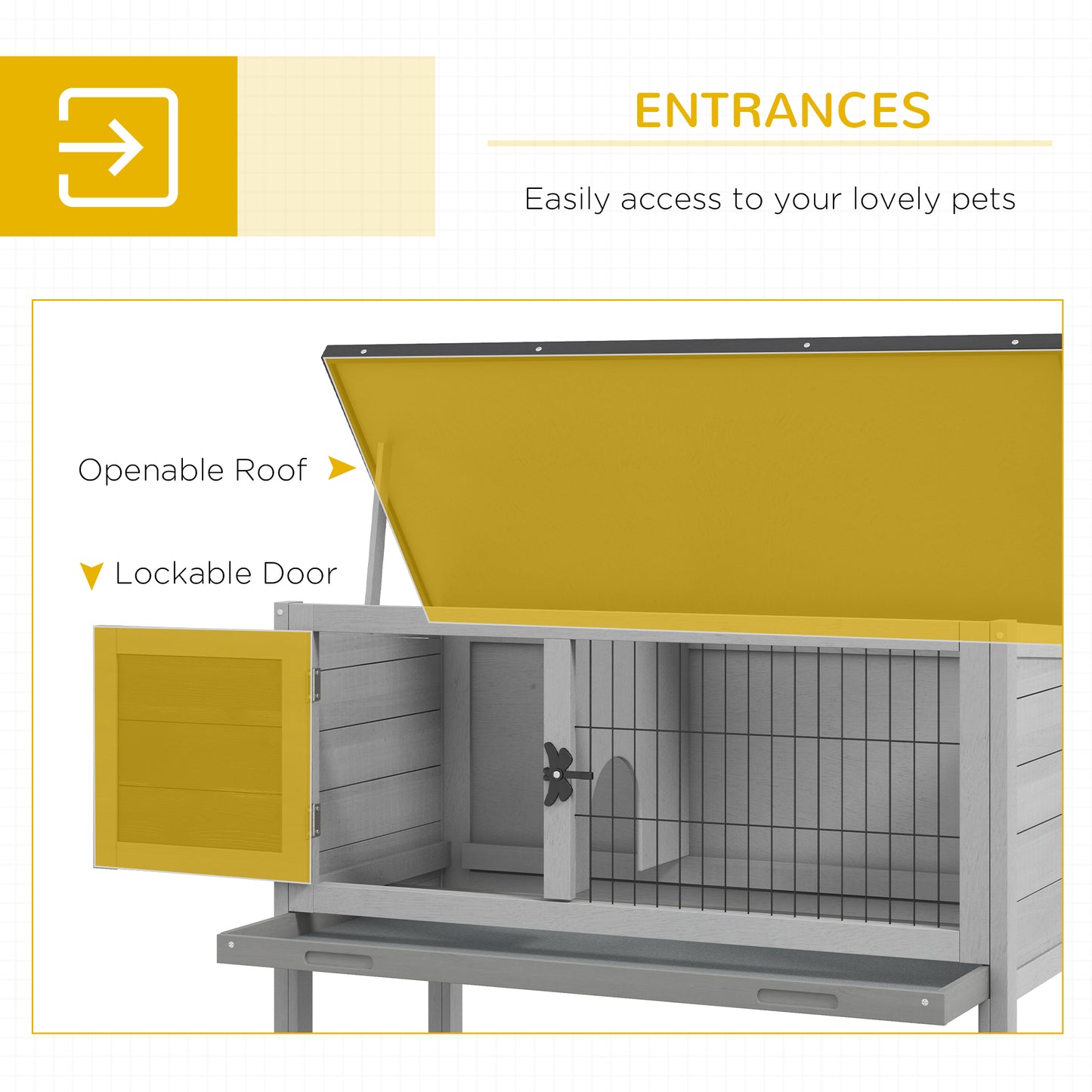 Pawhut Wooden Rabbit Hutch Guinea Pig Hutch Bunny Cage Garden Built in Tray Openable Asphalt Roof Small Animal House 84 x 43 x 70 cm Grey