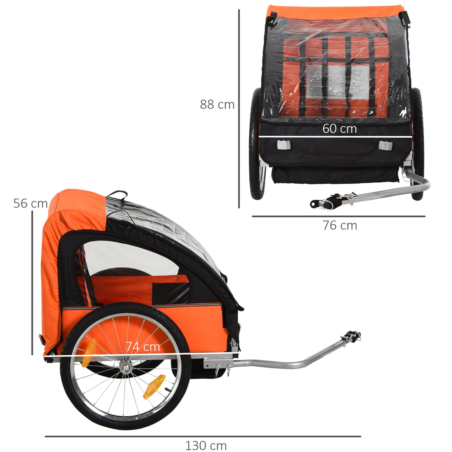 HOMCOM 2 Seat Bike Trailer Bicycle wagon for Kids Child Steel Frame Safety Harness Seat Carrier Orange Black 130 x 76 x 88 cm