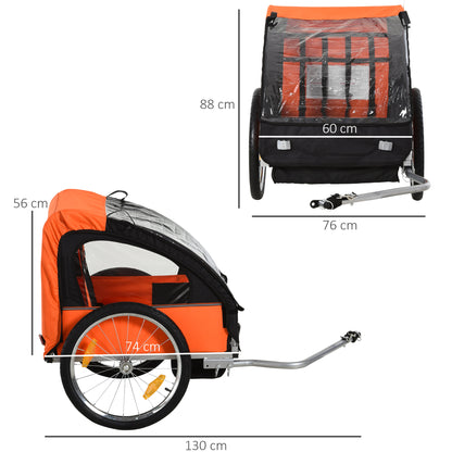 HOMCOM 2 Seat Bike Trailer Bicycle wagon for Kids Child Steel Frame Safety Harness Seat Carrier Orange Black 130 x 76 x 88 cm