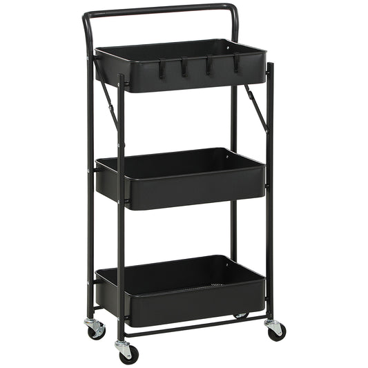 3 Tier Storage Trolley Utility Cart Foldable Rolling With 3 Mesh Baskets, 4 Removable Hooks for Living Room, Laundry and Kitchen, Black