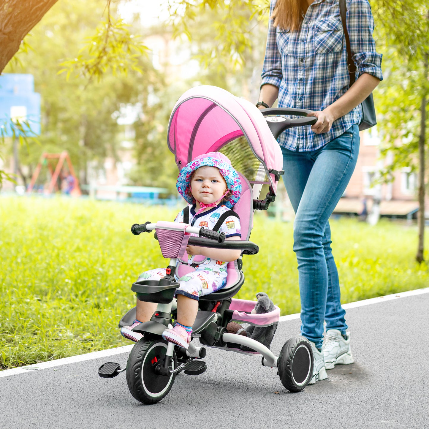 7-in-1 Tricycle for Kids, Baby Trike with Rotatable Seat, Adjustable Push Handle Safety Harness Detachable Canopy Semi-reclining Footrest Pink