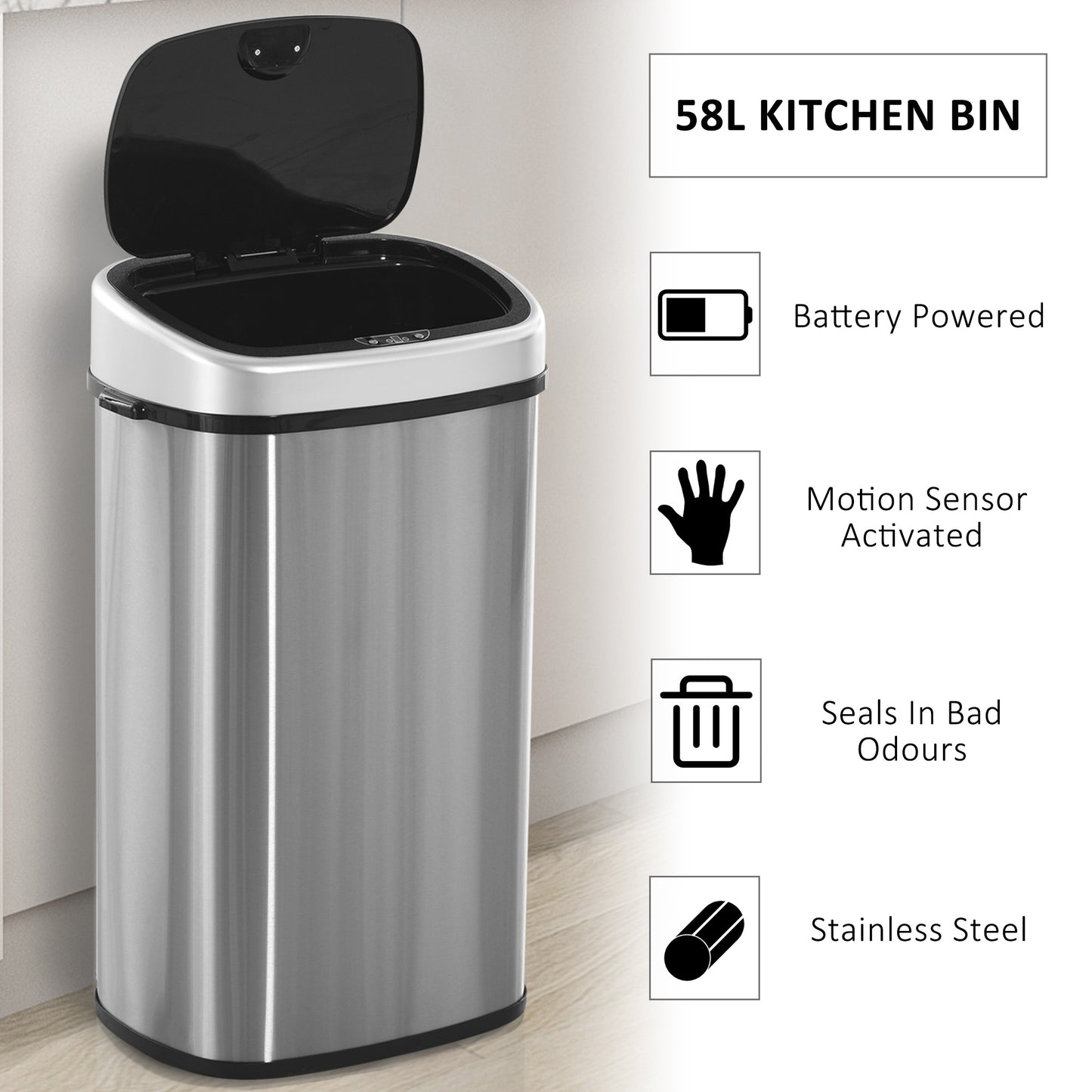 HOMCOM Sensor Bin, Stainless Steel, 58L