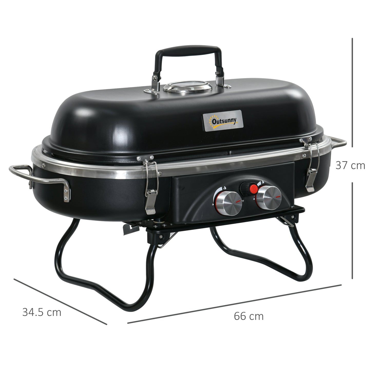 Outsunny Foldable Gas BBQ Grill 2 Burner Table Top Barbecue w/ Lid Piezo Ignition Thermometer for Camping Picnic Cooking, Aluminium Alloy