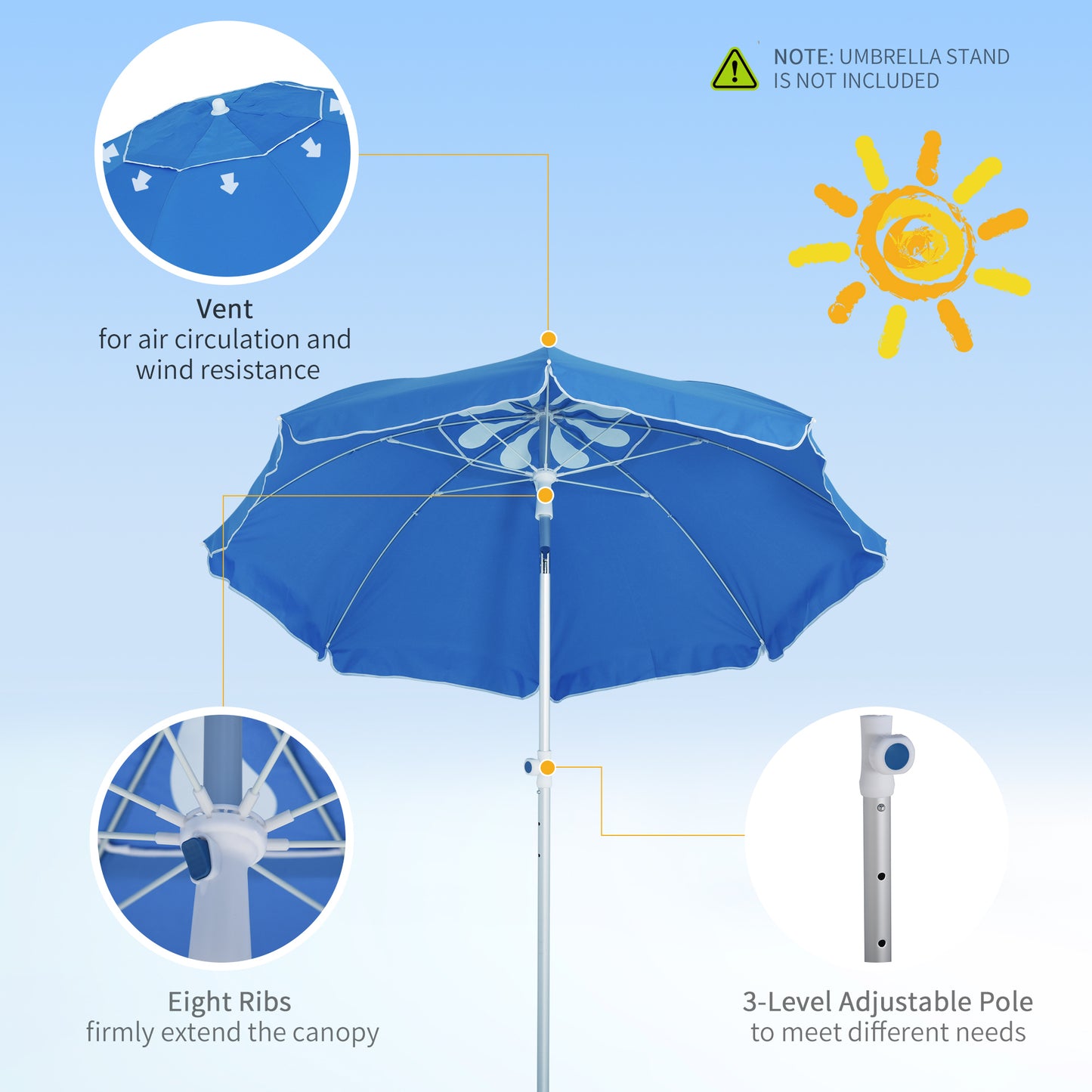 Outsunny Arc. 1.9m Beach Umbrella with Pointed Design Adjustable Tilt Carry Bag for Outdoor Patio Blue