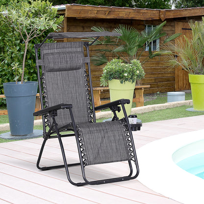 Outsunny Zero Gravity Garden Deck Folding Chair Patio Sun Lounger Reclining Seat with Cup Holder & Canopy Shade - Grey