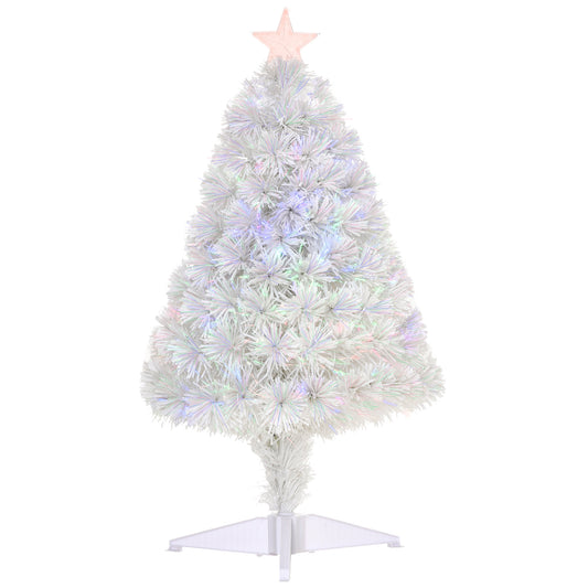 2.5FT Pre Lit Artificial Tabletop Christmas Tree With Fibre Optics Holiday Home Decoration for Table and Desk, White