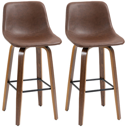 Bar Stools Set of 2, Breakfast Bar Chairs, PU Leather Upholstered Kitchen Stools w/ Backs, Wood Legs for 89-99cm Bar Table, Brown