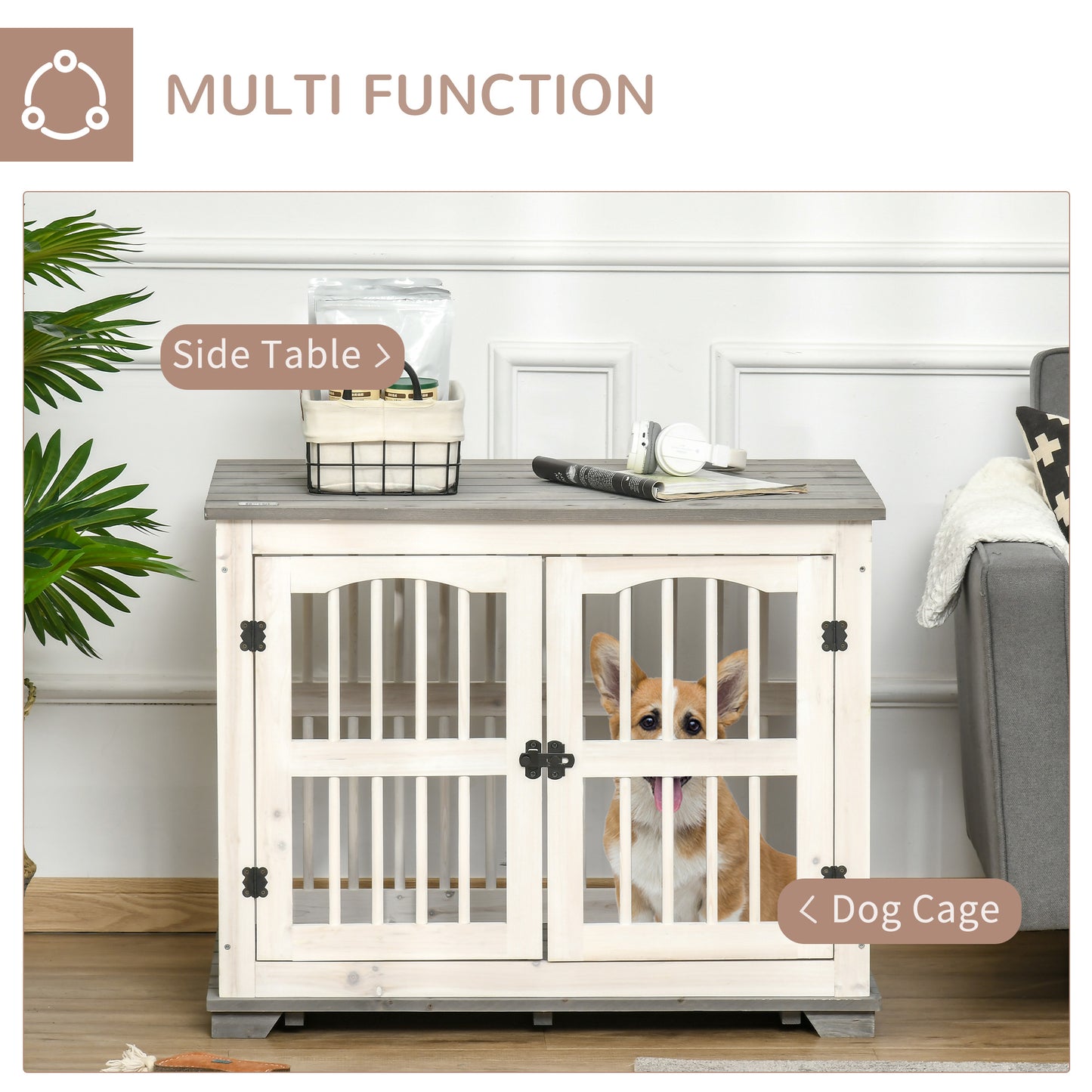 PawHut Wooden Dog Crate Furniture Pet Kennel Cage End Table for Small Medium Dogs, Indoor, White, 85.5 x 59.5 x 68 cm