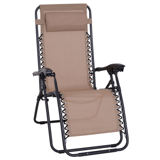 Outsunny Zero Gravity Chair Metal Frame Armchair Outdoor Folding & Reclining Sun Lounger with Head Pillow for Patio Decking Gardens Camping, Beige