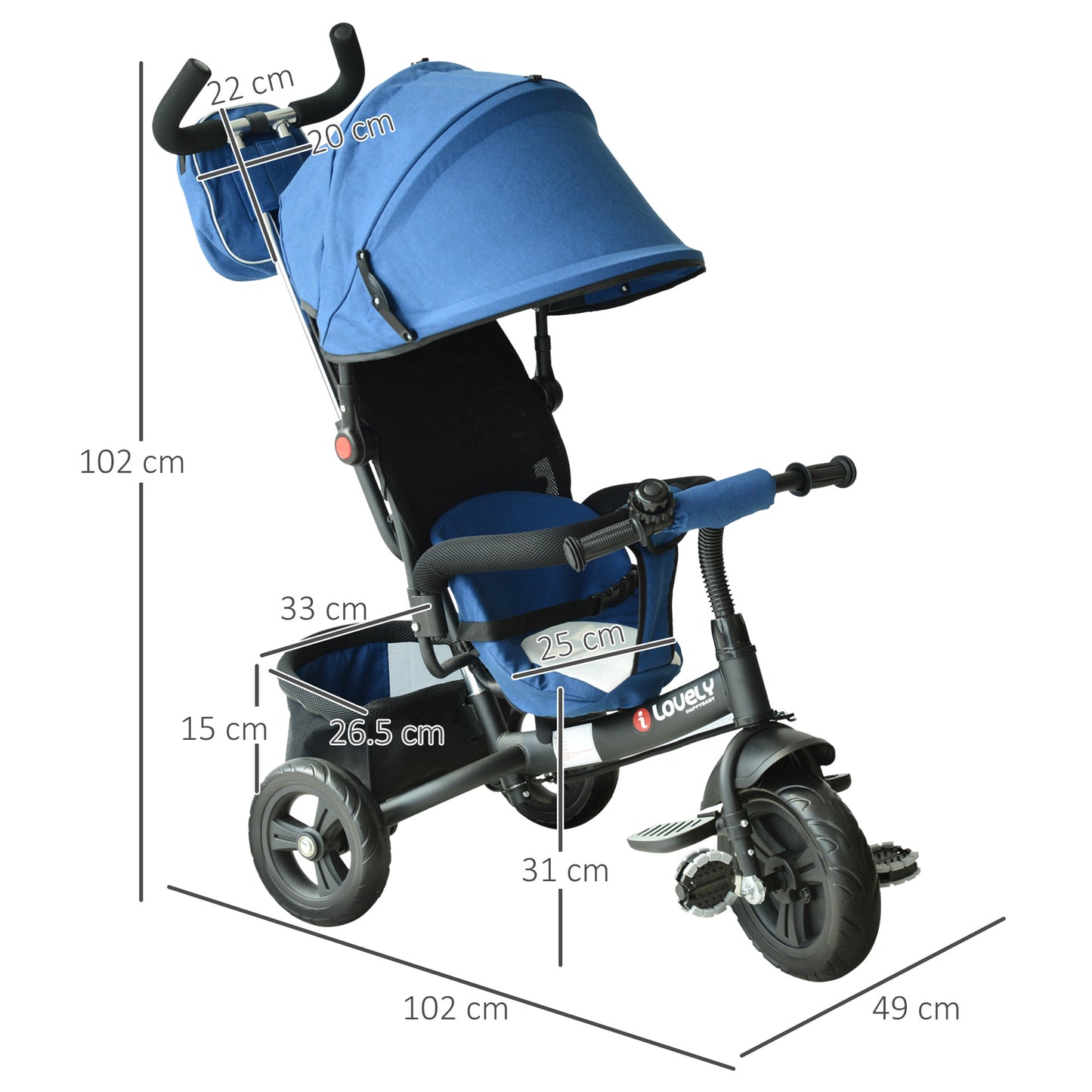 Baby Ride on Tricycle Stroller With Canopy-Blue